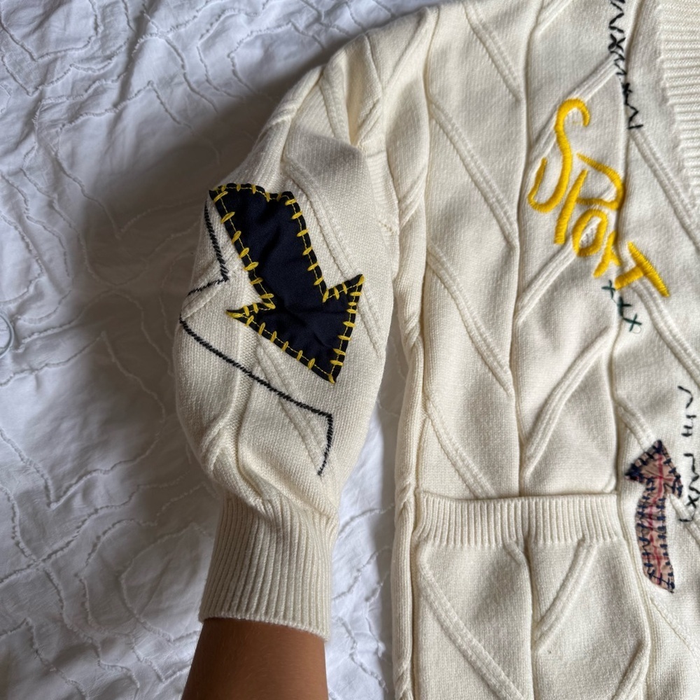 Anrabess Cream Cardigan with Embroidered Accents Lettering Patchwork Thick - Picture 8 of 12